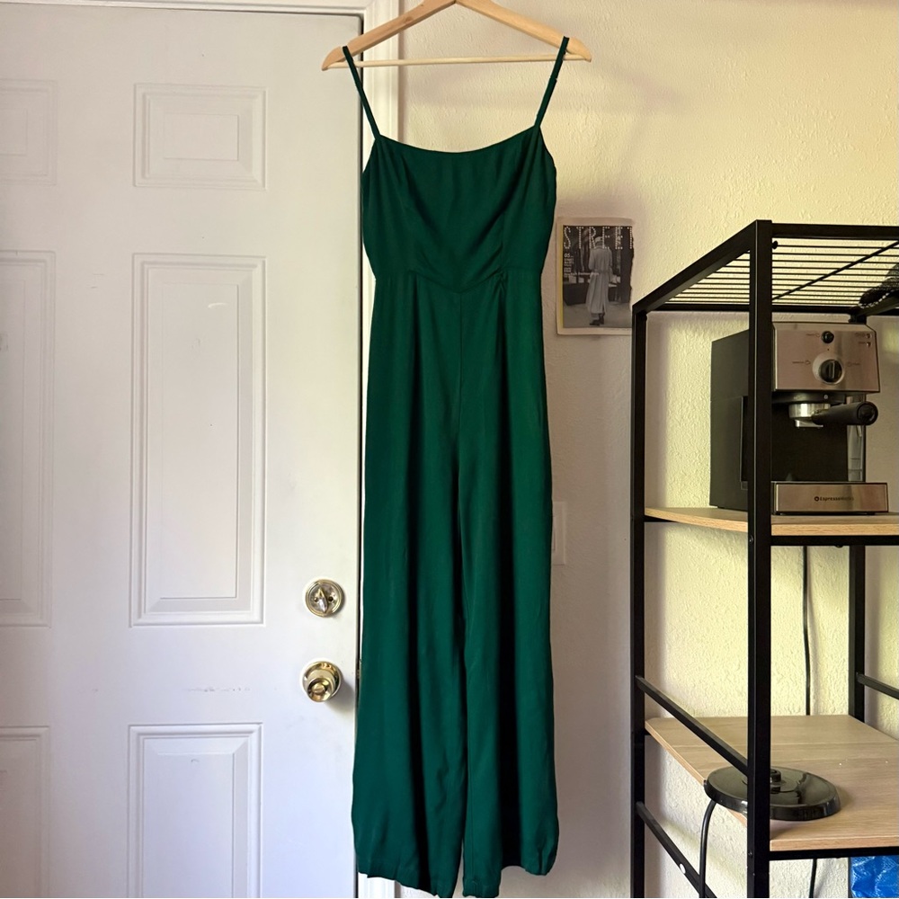 Reformation emerald green viscose rayon sleeveless straight leg cropped jumpsuit